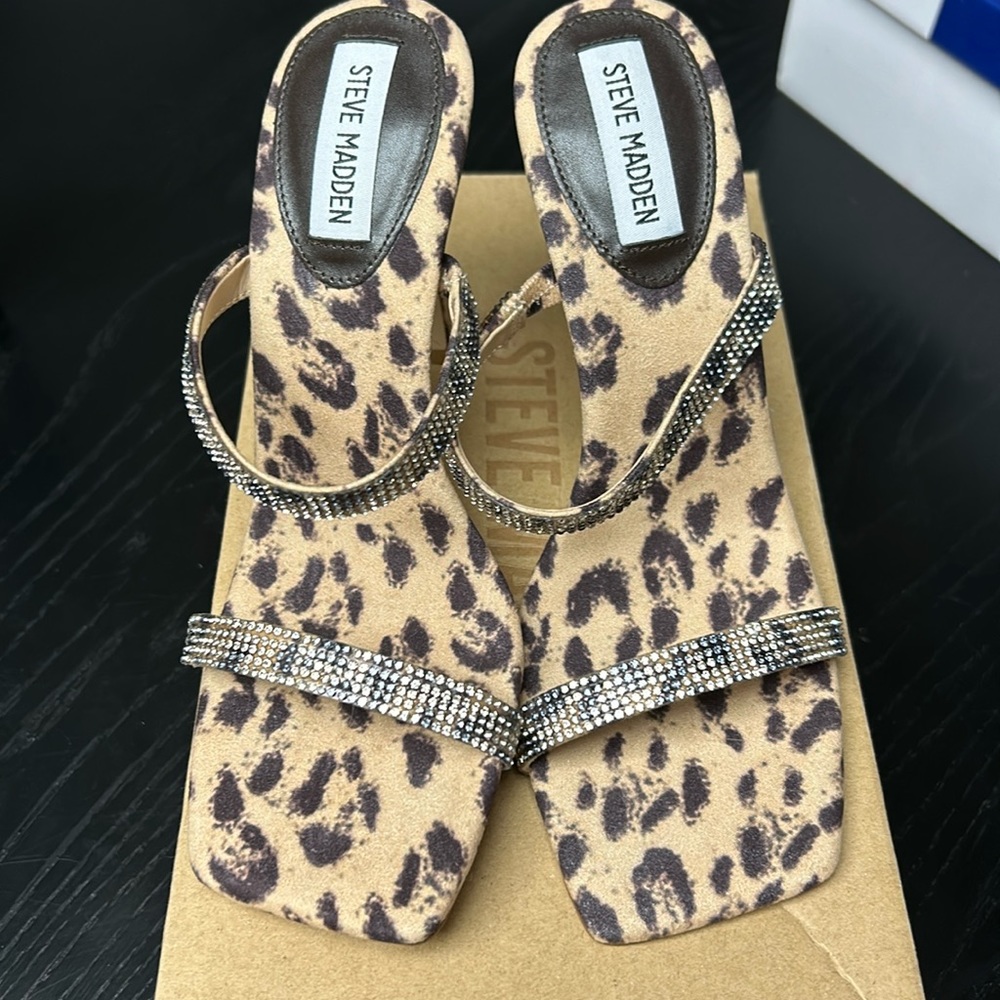 Steve Madden fabric heels with leopard and rhinestones